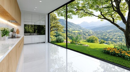 Fototapeta premium Modern minimalist kitchen interior with white glossy floors and a large panoramic window displaying a beautiful green mountain landscape.