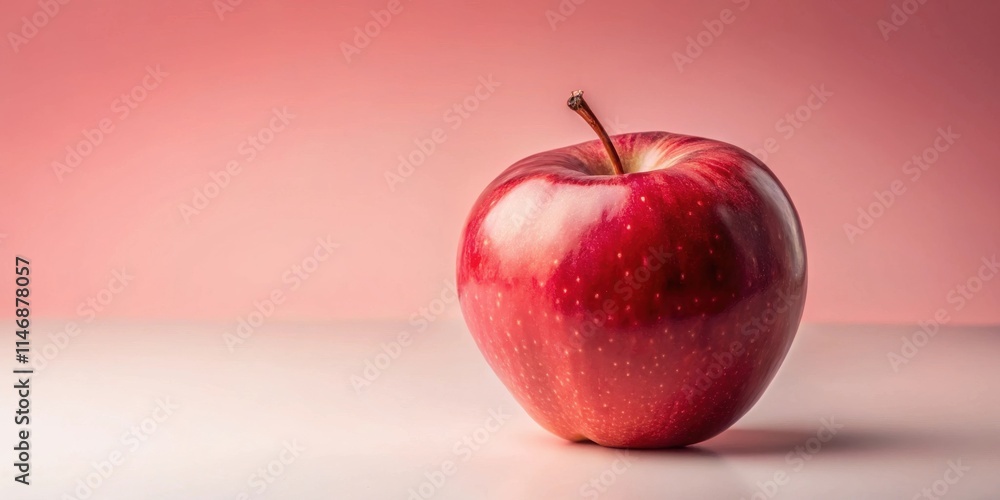 Poster a single, ripe red apple resting on a white surface against a soft pink background.