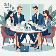 Partners meeting for business discussion with documents and laptop on desk. Couple at round table, speaking, discussing work, partnership. Flat vector illustration isolated on white background