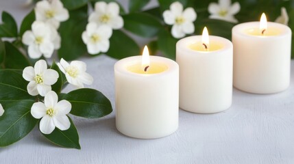 Serene ambiance and relaxing spiritual, Three lit white candles surrounded by delicate white flowers and green leaves, creating a serene and soothing ambiance.