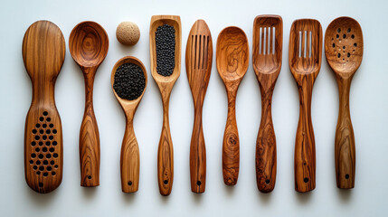 Flat lay of various wooden kitchen utensils and spices.