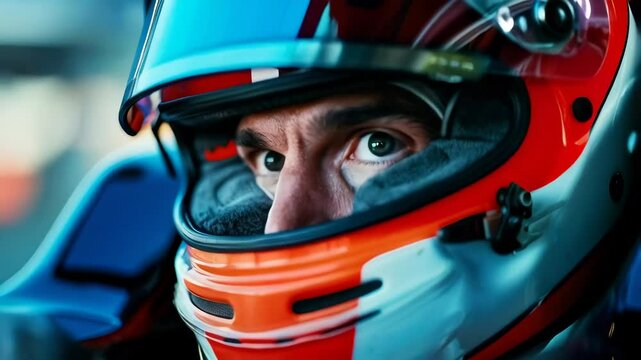 racer in helmet driving car