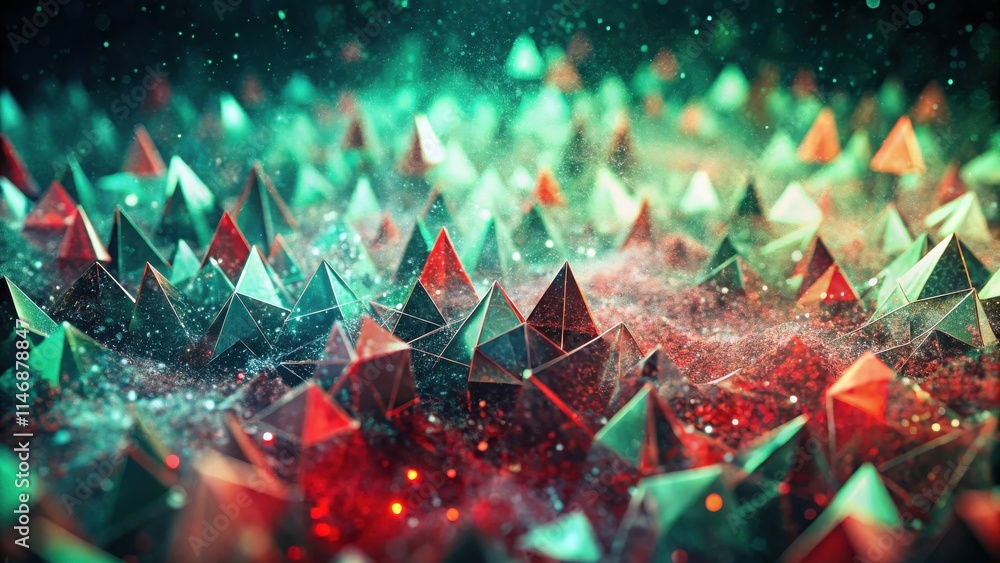 Poster A vibrant abstract composition of iridescent geometric shapes shimmering with ethereal dust particles.