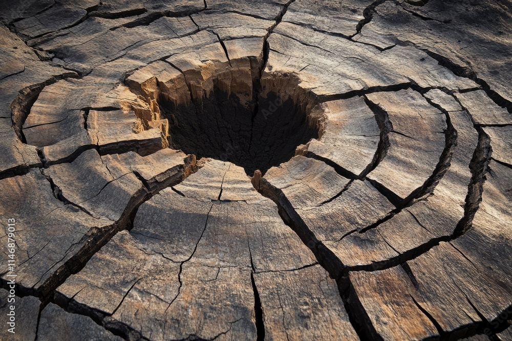 Poster detailed view of a tree stump showcasing intricate cracks and growth rings, emphasizing natural text