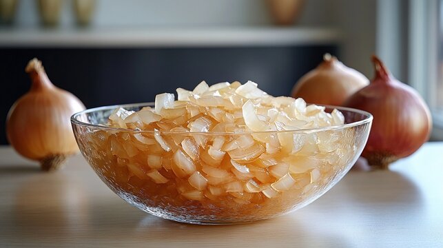 Taz&oacute;n de vidrio con cebolla caramelizada en primer plano, con cebollas frescas desenfocadas al fondo en una cocina iluminada por luz natural