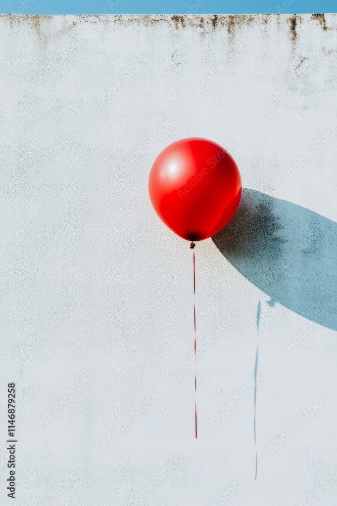 Poster a red balloon is hanging from a wall. the balloon is red and has a string attached to it