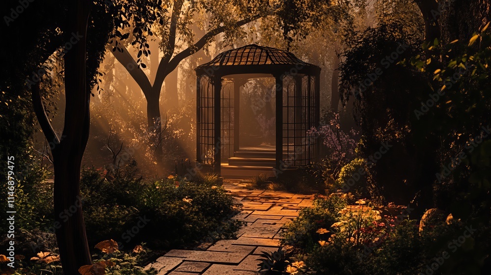Poster a garden path with a gazebo in the middle. the gazebo is surrounded by trees and bushes. the scene i
