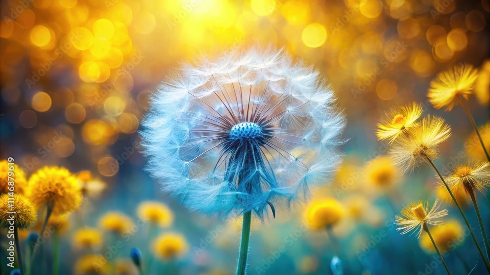Poster a lone dandelion seed head with a delicate, white parachute in a field of yellow flowers, illuminate