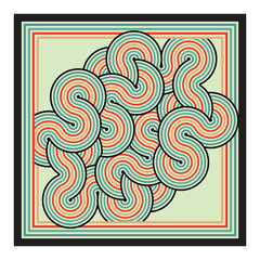 Abstract intertwined circle pattern with red, green, and blue striped, bordered by concentric frames, A pattern enclosed within a square frame, showcasing a harmonious blend of hues and designs.