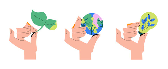 Eco-themed illustration set featuring hands holding a sprout, a globe, and a green lightbulb. Perfect for sustainability campaigns, environmental designs, and eco-friendly projects