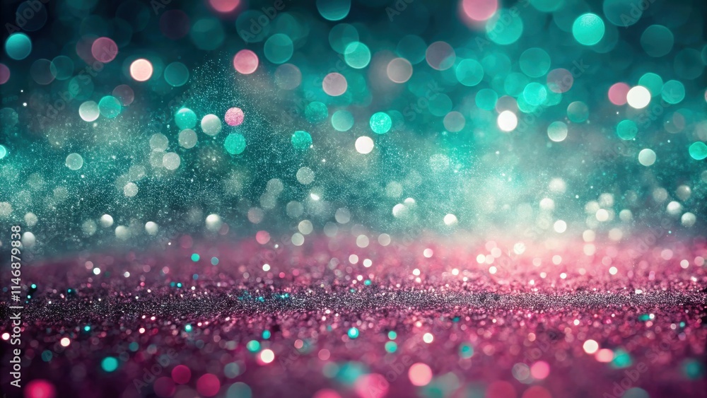 Poster abstract blurred background with sparkle texture and a vibrant color palette of teal and pink