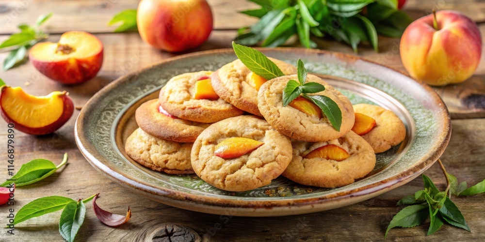 Poster a stack of peach-filled cookies on a rustic plate with green leaves and fresh fruit