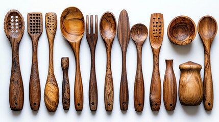 Collection of various wooden kitchen utensils arranged on white background.