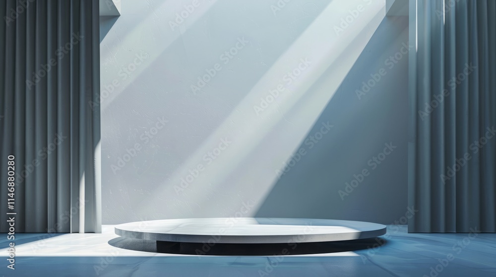 Poster sunlight streaming onto a circular platform in a minimalist interior with elegant curtains and sleek
