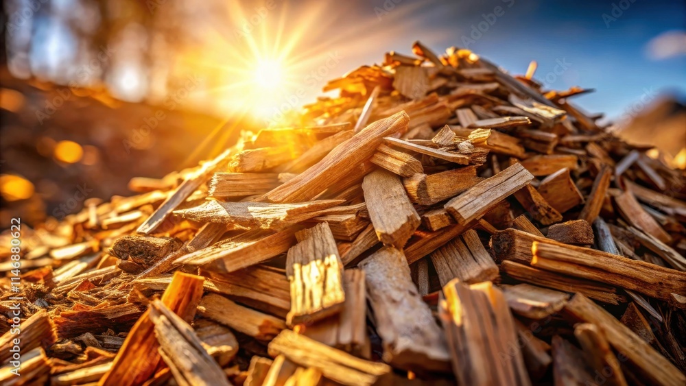 Aufkleber A close-up view of a pile of wood chips bathed in warm sunlight, creating a sense of warmth and rustic charm.