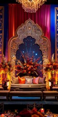 Obraz premium Opulent Arabian Nights themed event decor featuring a grand archway, vibrant floral arrangements, and elegant seating under a sparkling chandelier.