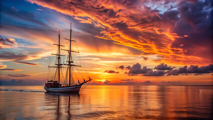 Serene sunset with a sailing ship on calm waters and a vibrant orange and pink sky over the horizon