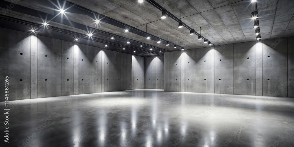 Poster a minimalist concrete room with a polished floor and multiple ceiling lights casting beams across th