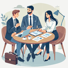 Partners meeting for business discussion with documents and laptop on desk. Couple at round table, speaking, discussing work, partnership. Flat vector illustration isolated on white background