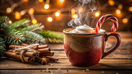 Warm Winter Drink with Whipped Cream and Candy Cane on a Wooden Table with Twinkle Lights and Cinnamon Sticks