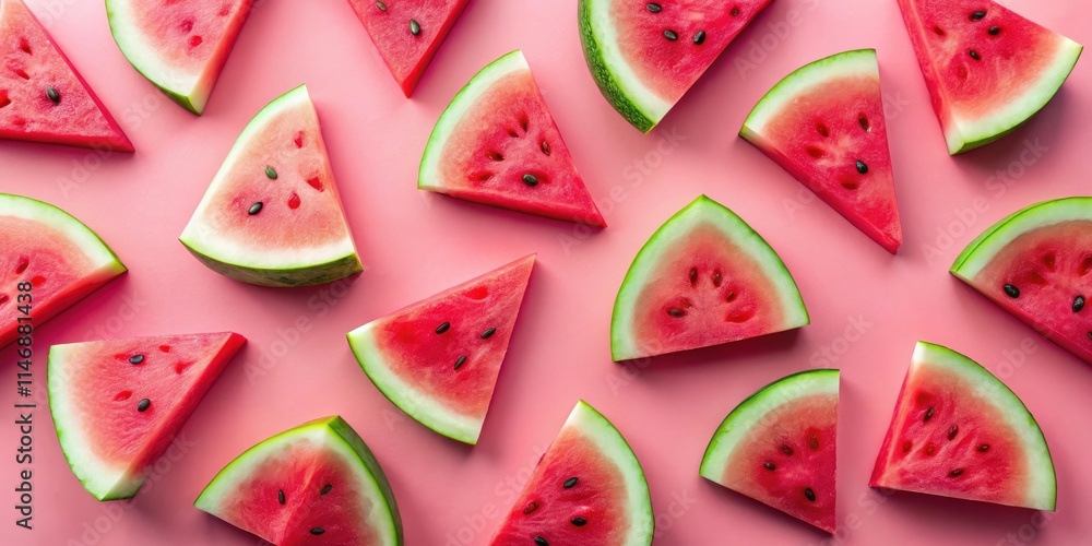 Aufkleber watermelon slices arranged in a repeating pattern on a pink background, showcasing the vibrant red f
