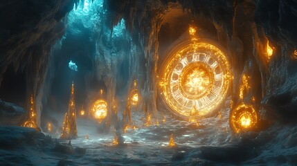 Glowing portal in mystical ice cave.