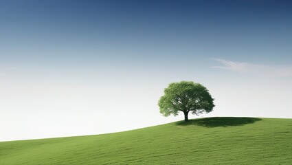 Fototapeta premium A lone tree on a verdant hill with a white background and a clear blue sky