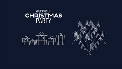 Merry Christmas and Happy New Year greeting card . Luxury invitation with Christmas trees,  gift, snowflake, spot texture on background. Design illustration for season's card,