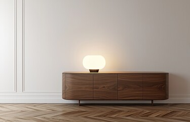 A stylish modern living room showcasing a sleek wood sideboard with a soft-lit lamp on top, placed against a white wall The rich wooden floor adds depth to the contemporary design
