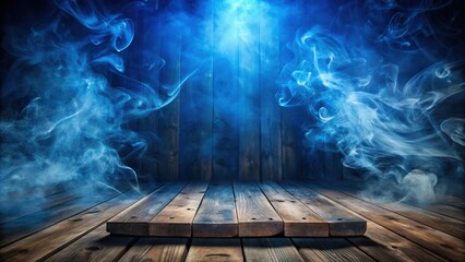 A dramatic wooden floor with a spotlight shining through the swirling blue smoke creating a mysterious and ethereal ambiance