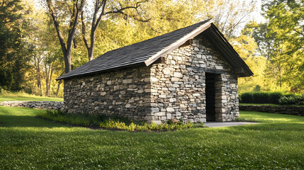 Missouri Stone Smokehouse with thick stone walls and grassy yard, classic Midwestern heritage