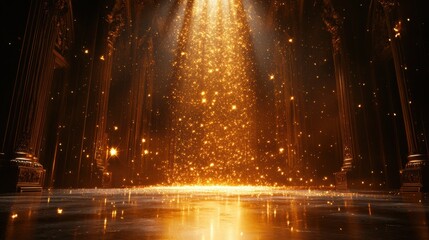 Magical golden light beams illuminate grand hall with sparkling particles