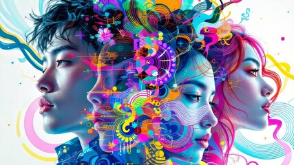 Naklejka premium Korean pop culture's global impact: youth art in double exposure.