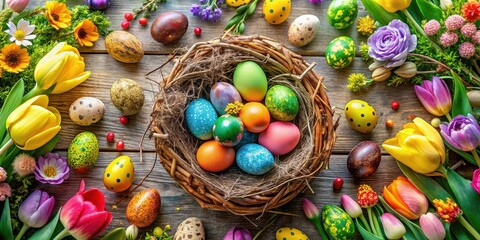 Fototapeta premium Colorful Easter Eggs Nestled in a Woven Basket Surrounded by Spring Flowers and Scattered on Rustic Wooden Surface