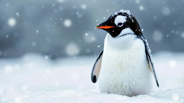 Cute little penguin on the snow background with copy space