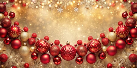 A festive background with red and gold baubles arranged around a sparkling golden backdrop, creating a whimsical Christmas setting.
