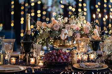Celebration scene adorned with elegant decorations and sparkling accents for a glamorous ambiance.