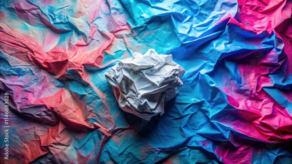 Poster a crumpled white paper ball rests on a vibrant blue and pink abstract background, creating a visual 