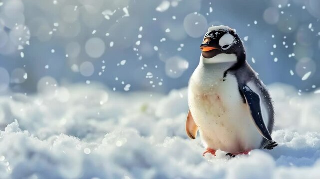 Cute little penguin on the snowy background