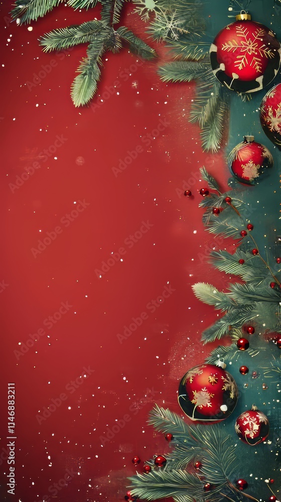 Poster a red background with a green tree and snow. there are many red and green christmas ornaments on the