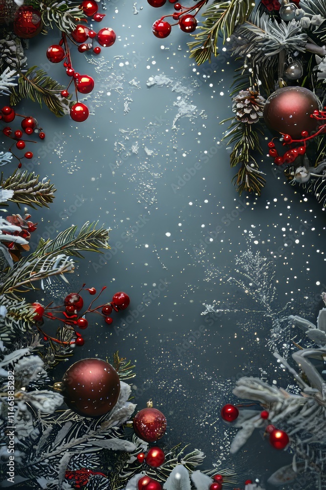 Poster a christmas tree with red berries and snow. there are many red balls on the tree