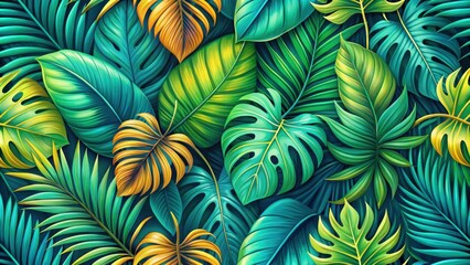A vibrant jungle tapestry of lush green and golden leaves, showcasing the intricate details and diverse textures of tropical foliage.