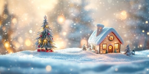 Fototapeta premium Charming winter scene of a snow-covered cottage and lit Christmas tree, creating a magical holiday atmosphere.