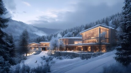 A modern cabin complex in a snowy landscape, showcasing contemporary architecture.