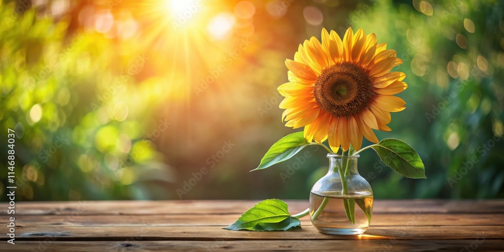Poster a vibrant sunflower in a glass vase on a wooden table with a bokeh background of sunlight filtering 