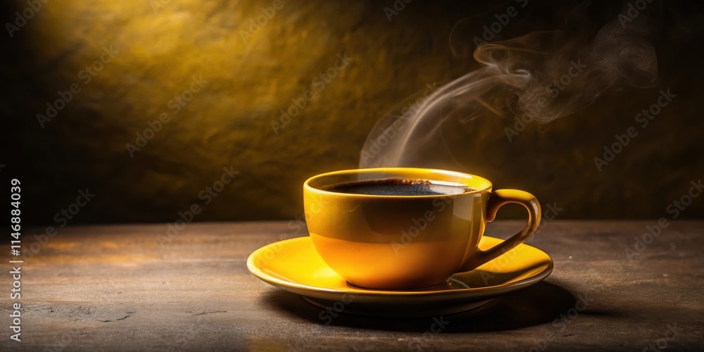 Poster a steaming cup of coffee in a yellow mug on a rustic wooden surface with a warm background light