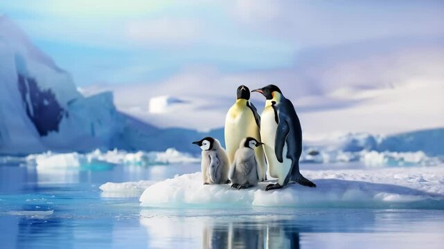 Family of cute penguins on an ice island with copy space