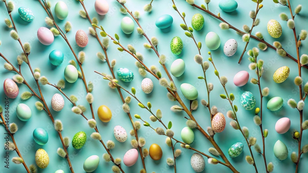 Poster easter egg and willow branch pattern on a blue background