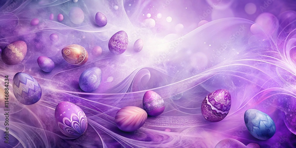 Poster an abstract depiction of easter eggs adorned with intricate designs, delicately placed on a ethereal