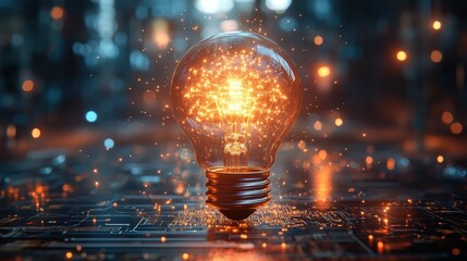 Illuminated light bulb with sparkling network in a futuristic setting